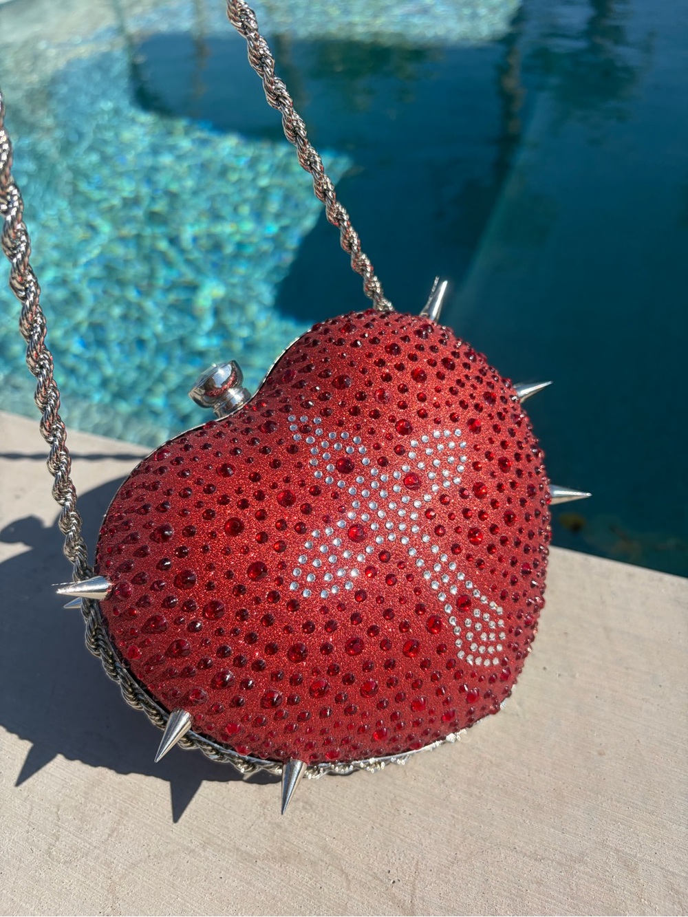 Red Crystal Heart Pendant Necklace with Silver Spike Accents